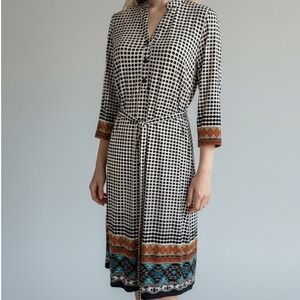 Mile Gabrielle Shift Dress M Polka Dot Print 3/4 Sleeve Belted Geometric Trim